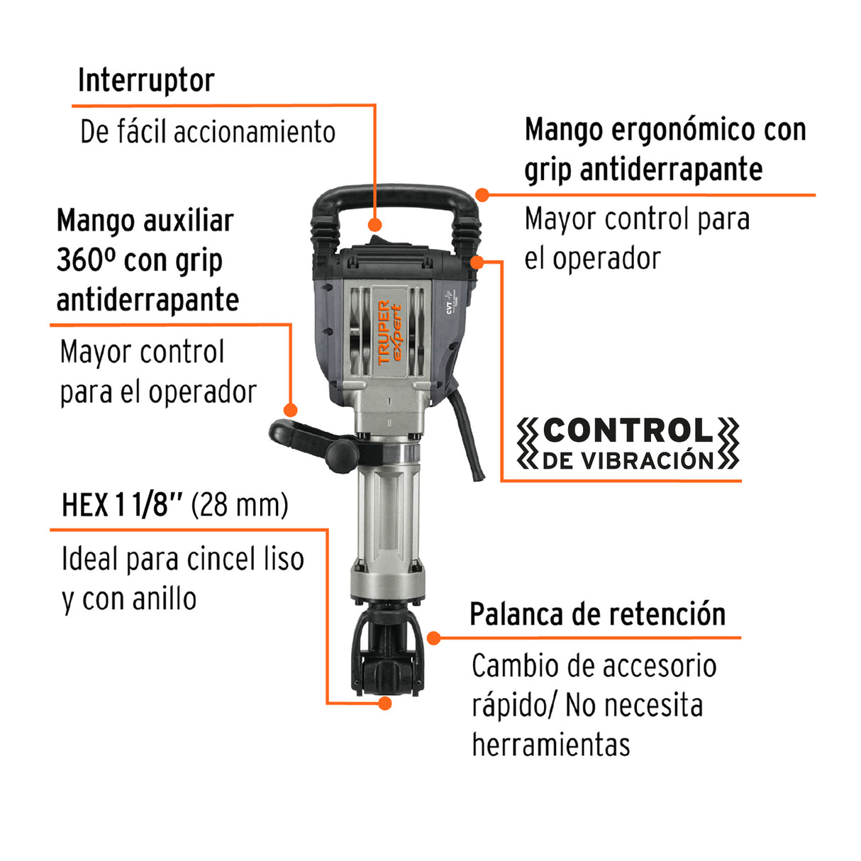 Martillo Demoledor Hex 20 kg, 55J, 1600 W, Truper Expert