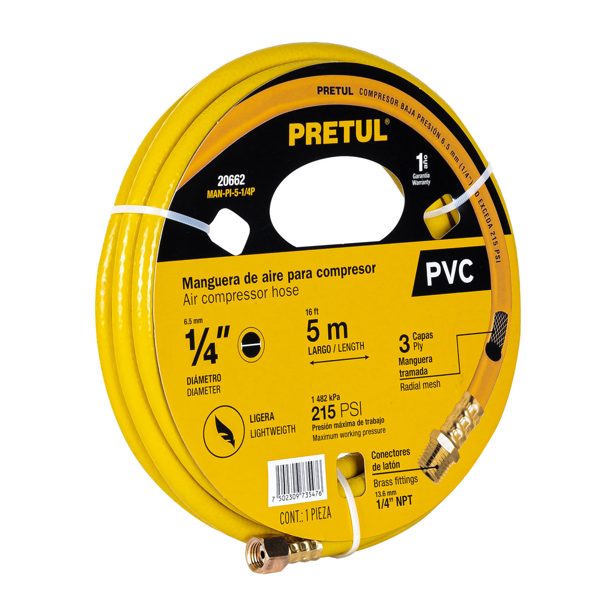 Manguera para compresor, de PVC, 5m x 1/4', Pretul