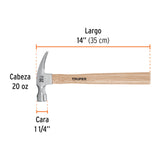 Martillo Pulido, 20 Oz, Uña Recta, Mango Madera, Truper