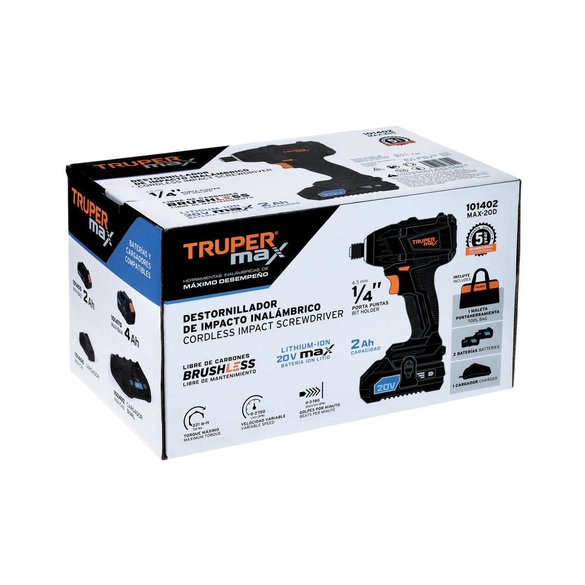 Destornillador de Impacto, 20 V, 2 Baterías 2 Ah, Max