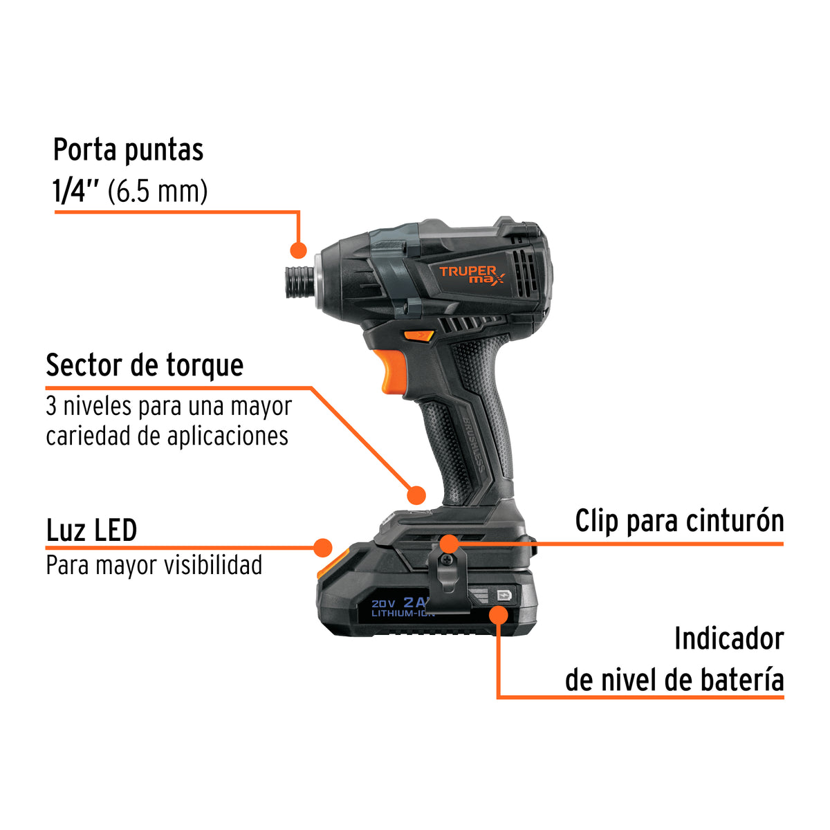 Destornillador de Impacto, 20 V, 2 Baterías 2 Ah, Max