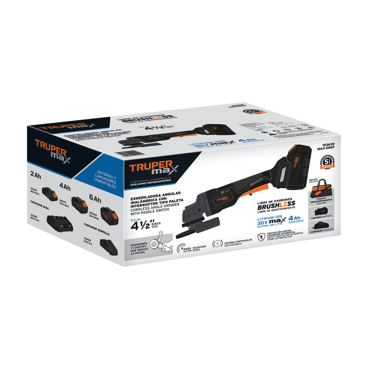 Esmeriladora 4-1/2', 20 V, Int. Paleta, 1 Batería 4 Ah, Max