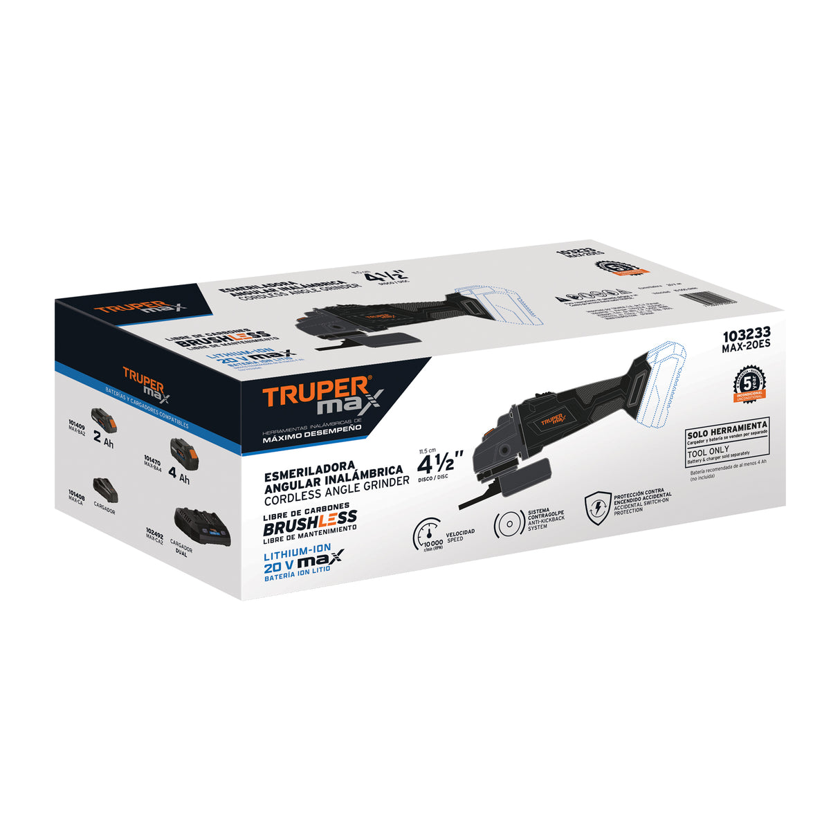 Esmeriladora 4-1/2', 20 V, S/Accesorios, Truper Max