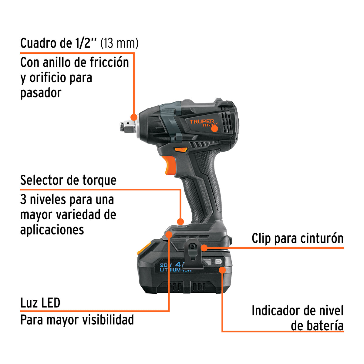 Llave de Impacto 1/2', 20 V, 155 lb/ft, 1 Batería 4 Ah, Max