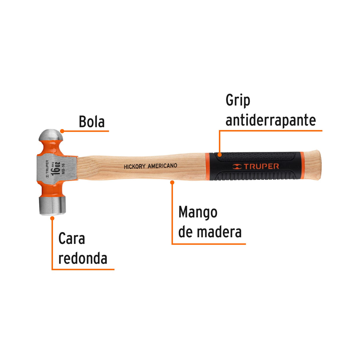Martillo Pulido de Bola 16 Oz Mango Hickory, Truper Grip