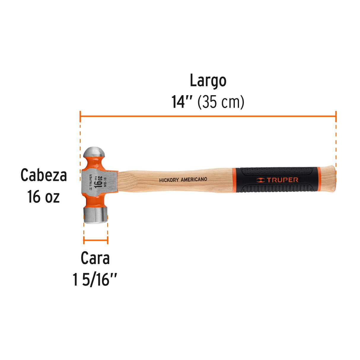 Martillo Pulido de Bola 16 Oz Mango Hickory, Truper Grip