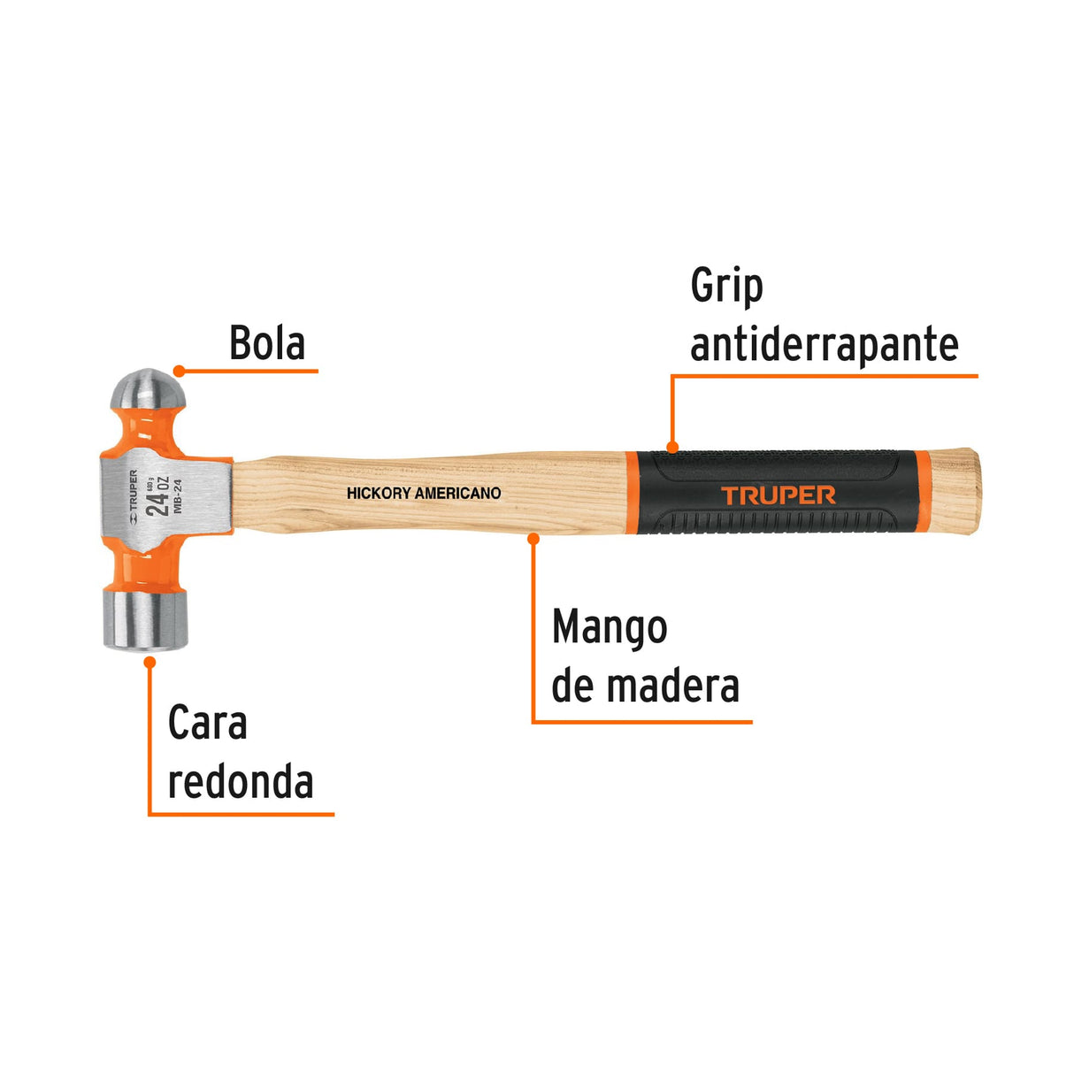 Martillo Pulido de Bola 24 Oz Mango Hickory, Truper Grip