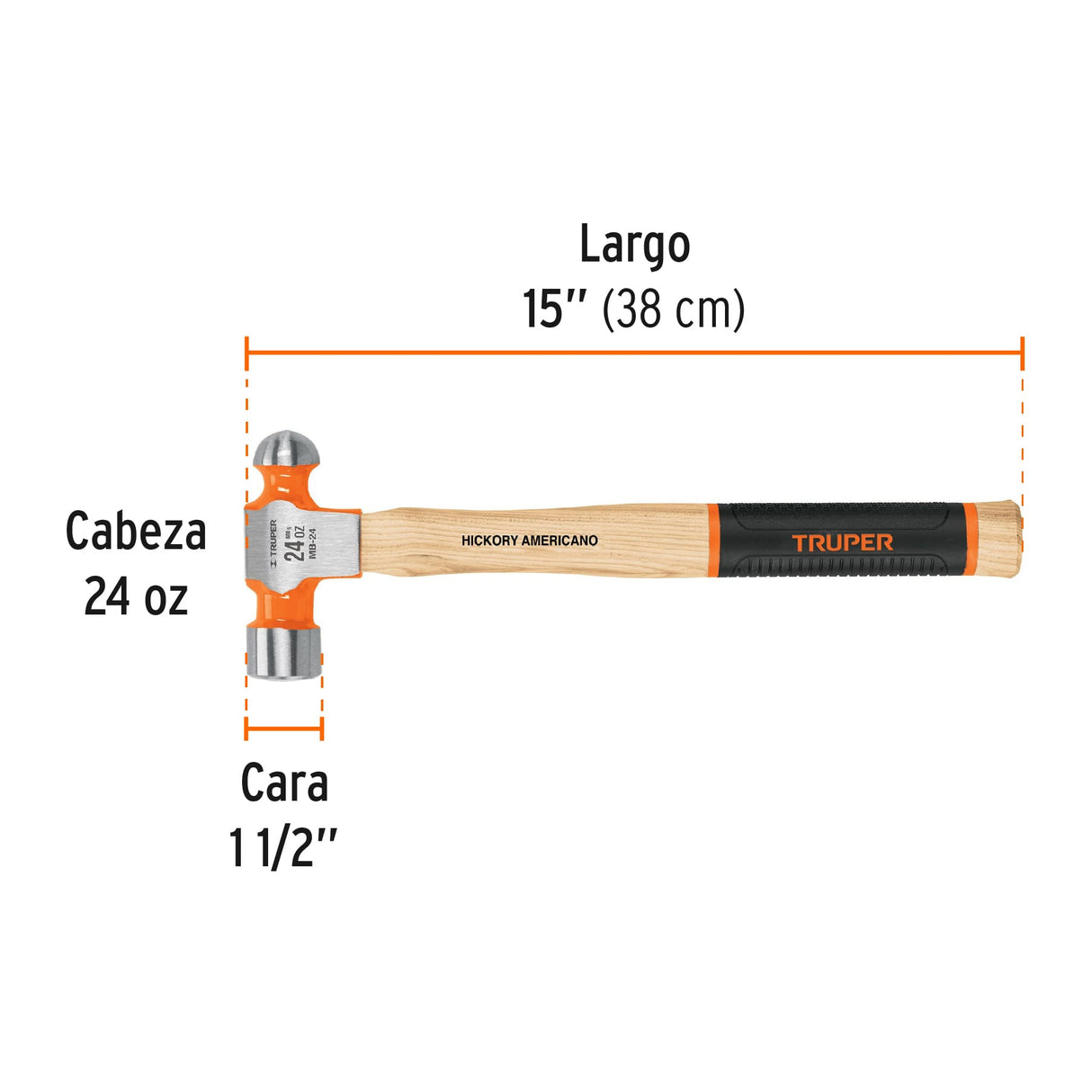 Martillo Pulido de Bola 24 Oz Mango Hickory, Truper Grip