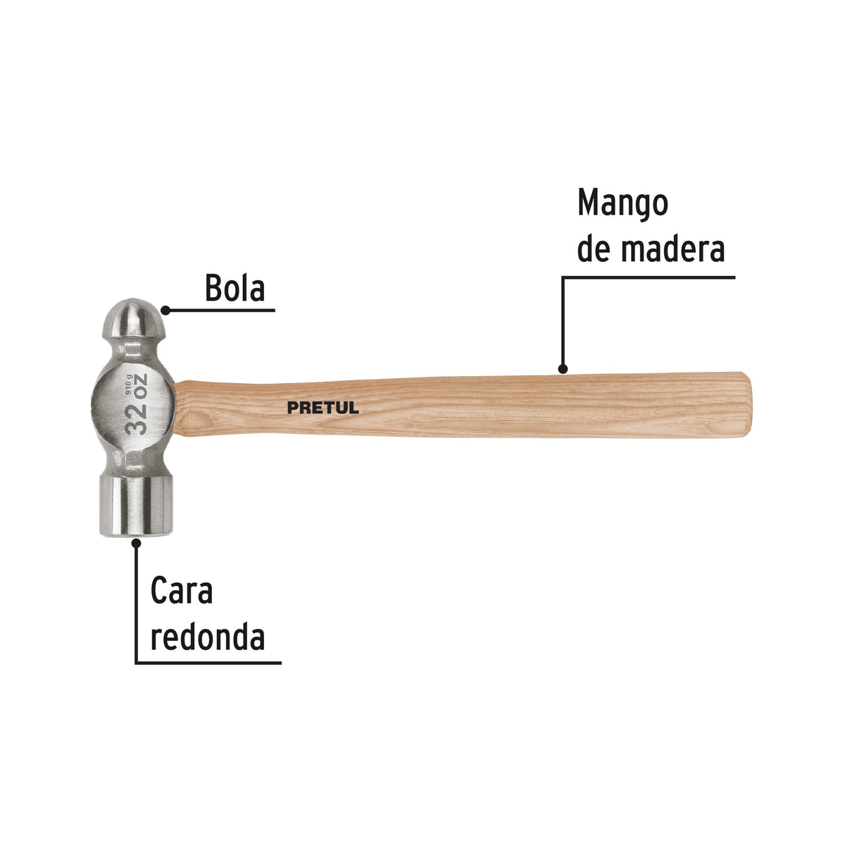 Martillo Pulido de Bola 32 Oz Mango Madera, Pretul