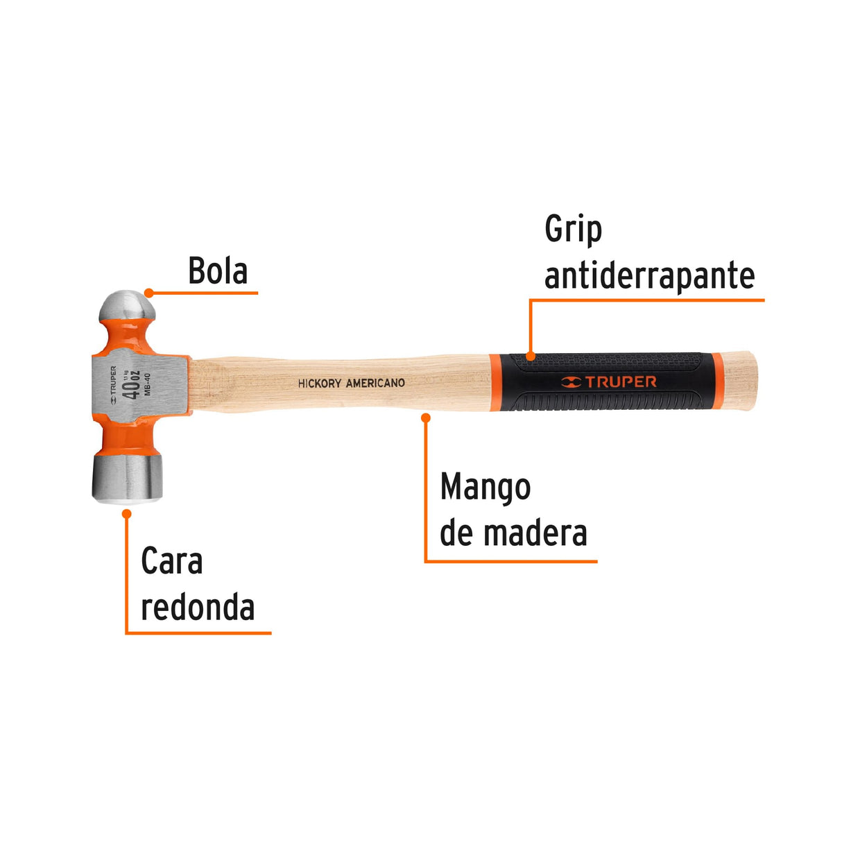 Martillo Pulido de Bola 40 Oz Mango Hickory, Truper Grip