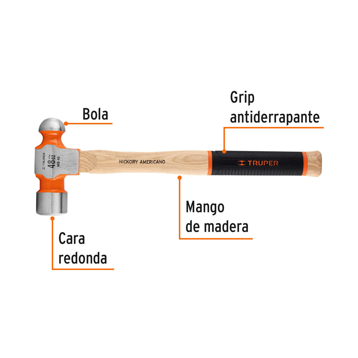 Martillo Pulido de Bola 48 Oz Mango Hickory, Truper Grip