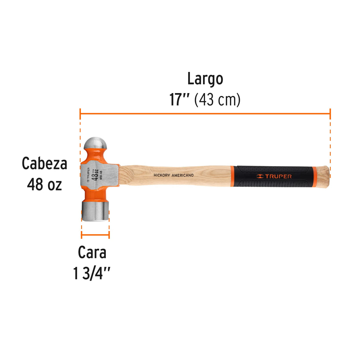 Martillo Pulido de Bola 48 Oz Mango Hickory, Truper Grip