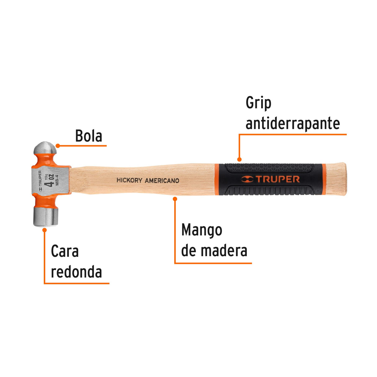Martillo Pulido de Bola 4 Oz Mango Hickory, Truper Grip