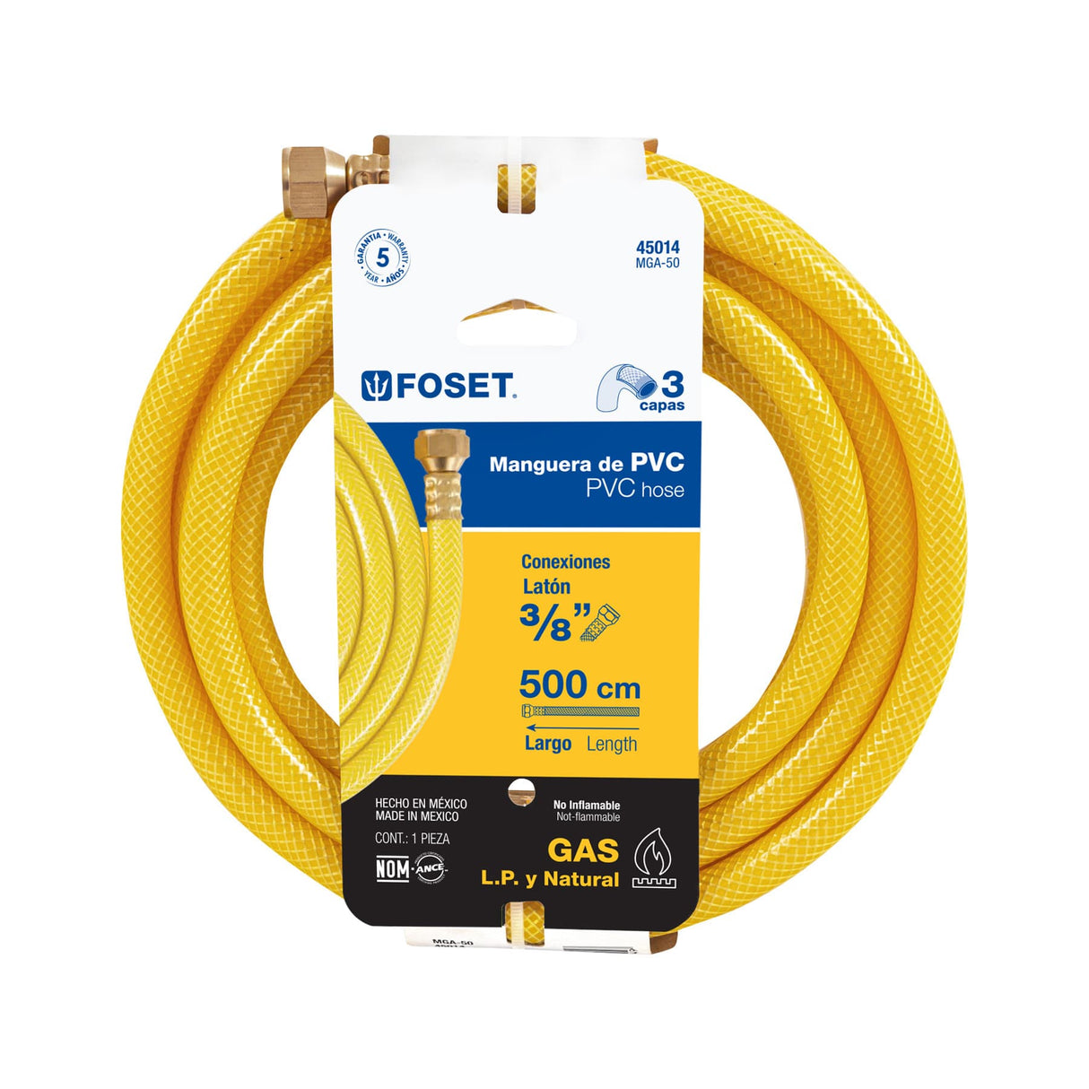 Manguera para Gas, PVC Amarilla, 3/8' Flare, 5 m, Foset