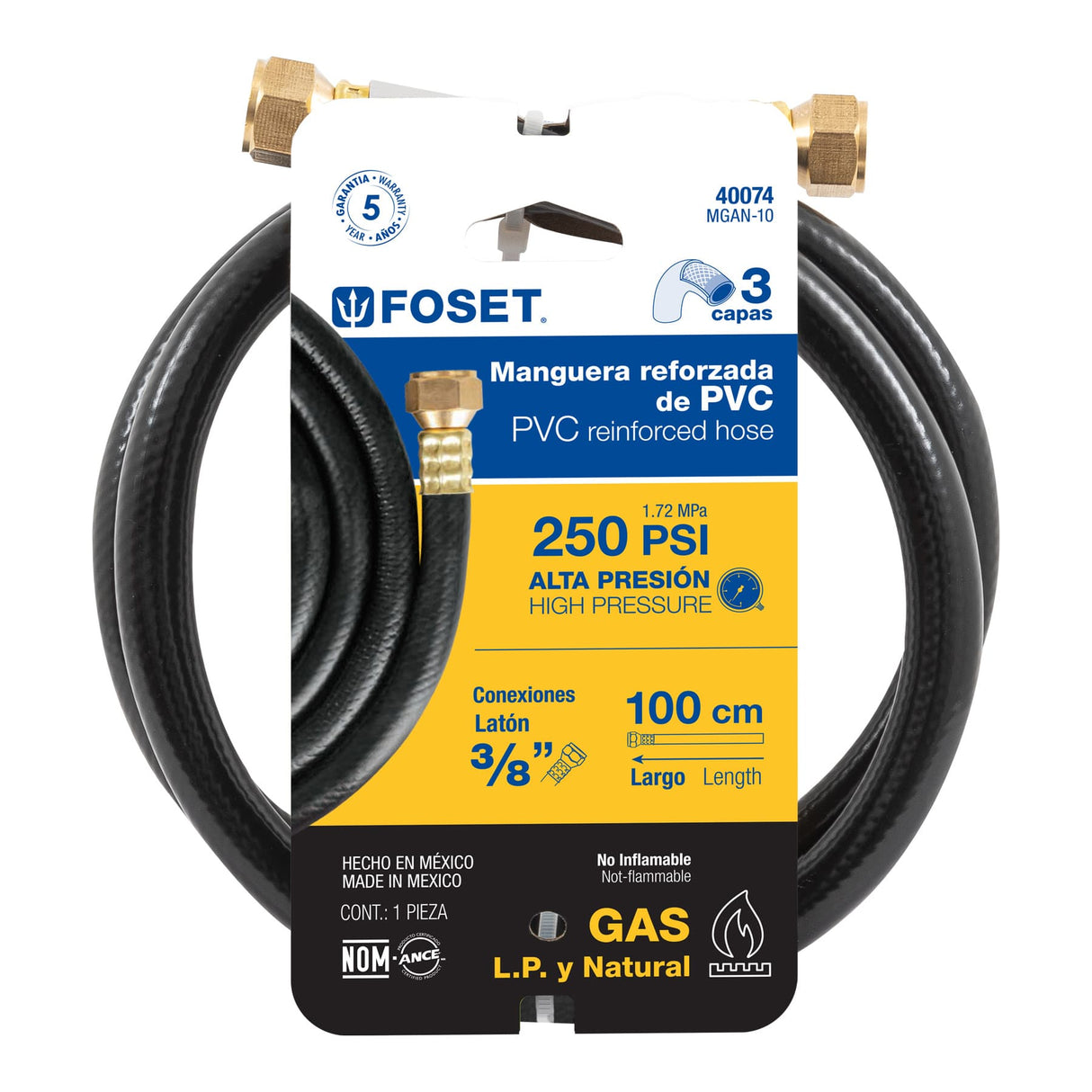 Manguera para Gas, PVC Negra, 3/8' Flare, 1 m, Foset