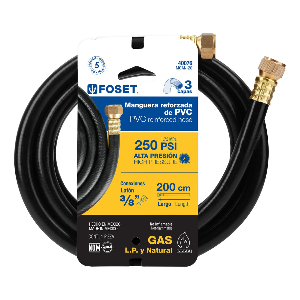 Manguera para Gas, PVC Negra, 3/8' Flare, 2 m, Foset