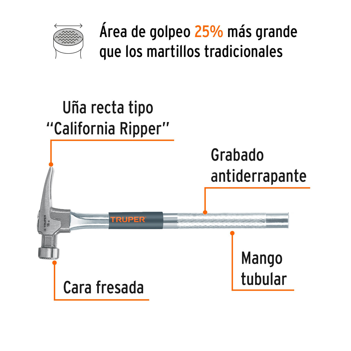 Martillo Tubular 16 Oz Uña California Ripper, Cara Fresada