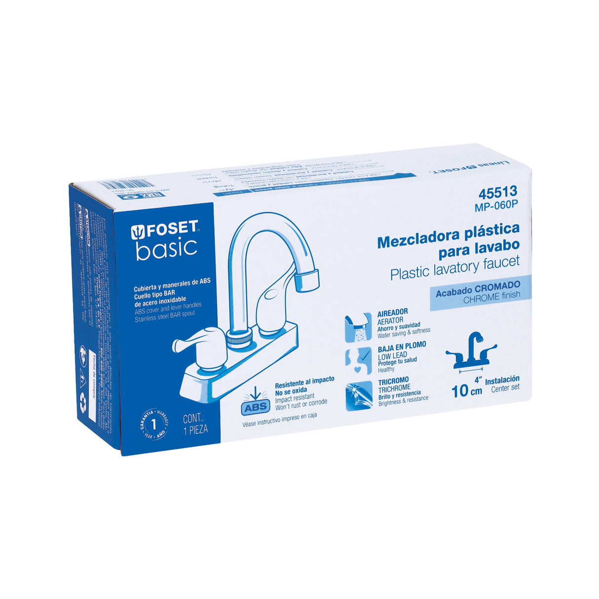Mezcladora 4' Lavabo, ABS, Cuello Bar, Palanca, Basic