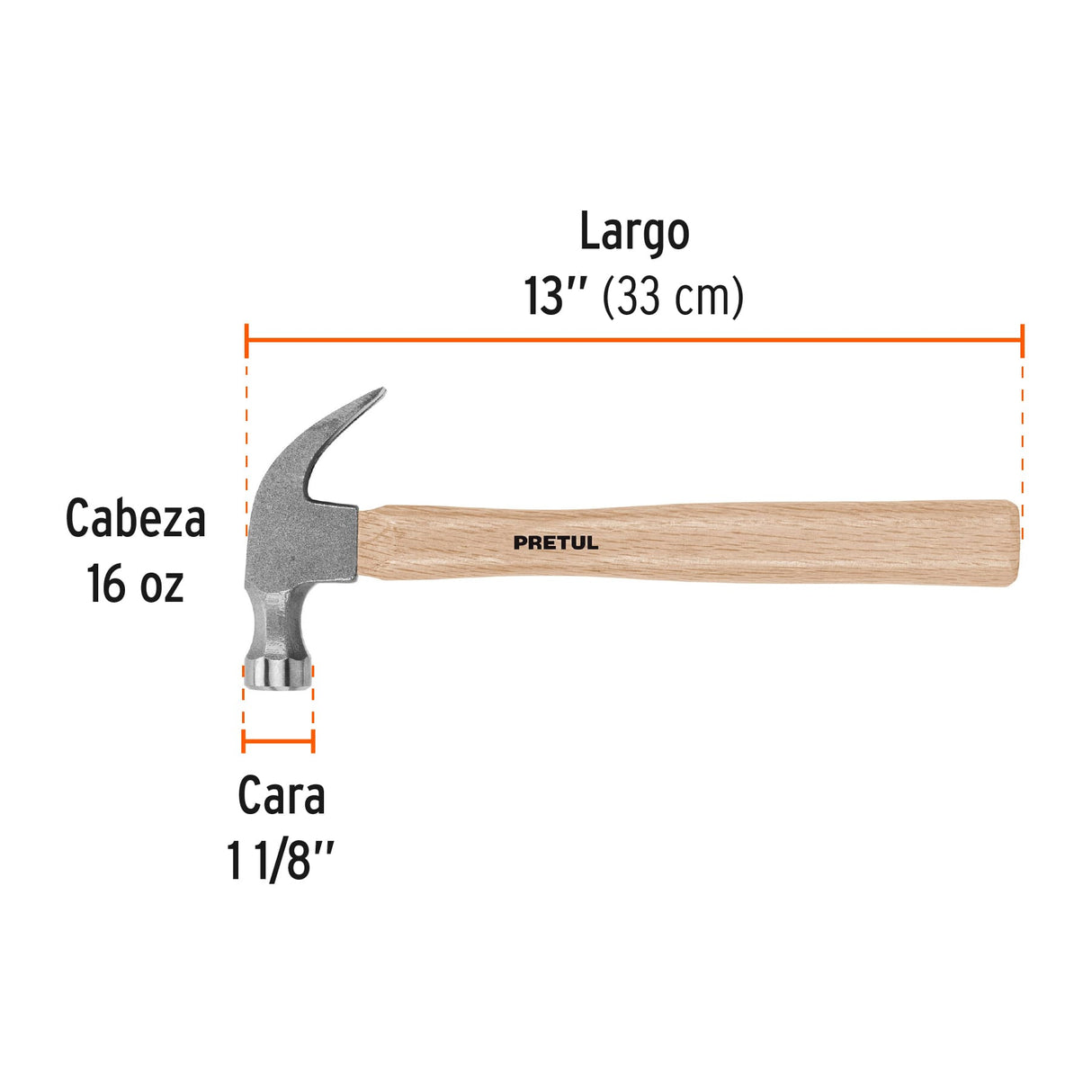 Martillo Semipulido, 16 Oz, Uña Curva, Pretul