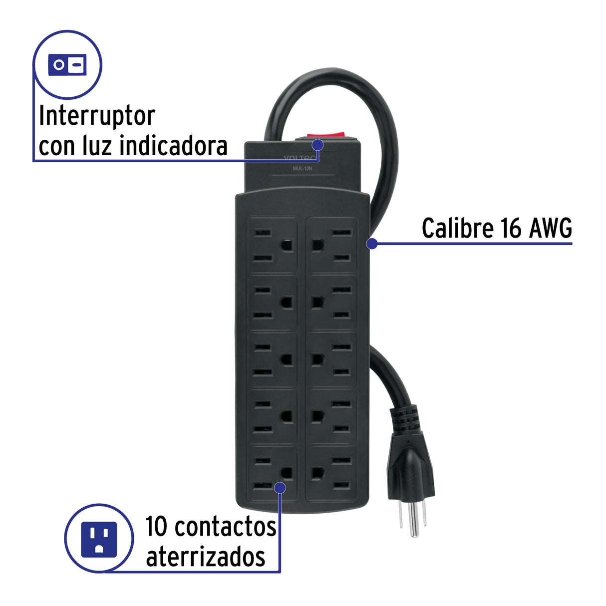 Multicontacto de Uso Rudo con 10 Entradas, Negro, Volteck