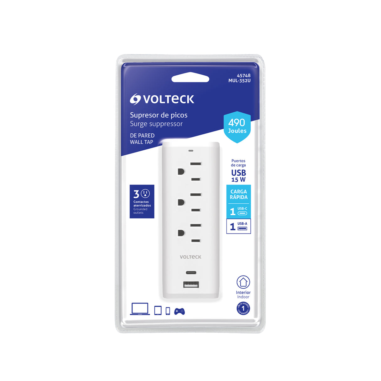 Multicontacto de Pared, 490 Joules, 3 Contactos y 2 USB a+C