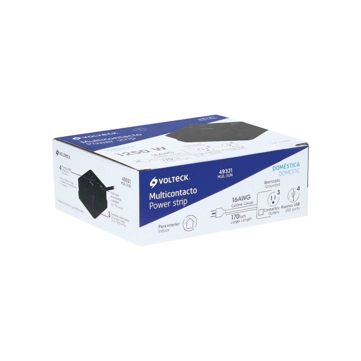Multicontacto 16 AWG Doméstico, 3 Entradas 4 Ptos USB, Negro