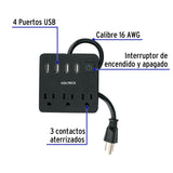 Multicontacto 16 AWG Doméstico, 3 Entradas 4 Ptos USB, Negro