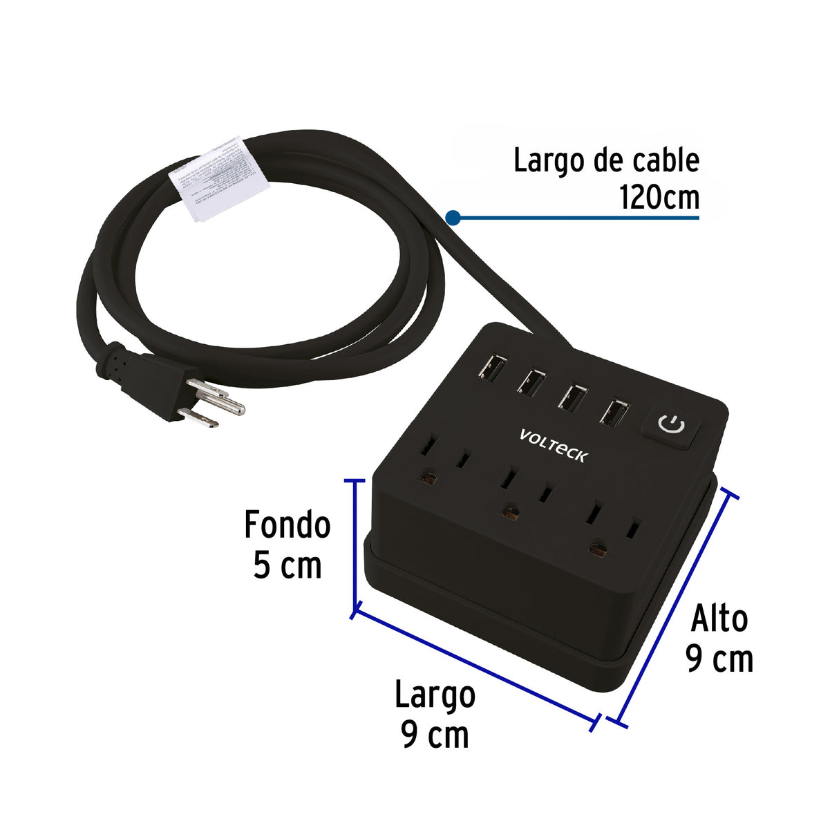 Multicontacto 16 AWG Doméstico, 3 Entradas 4 Ptos USB, Negro