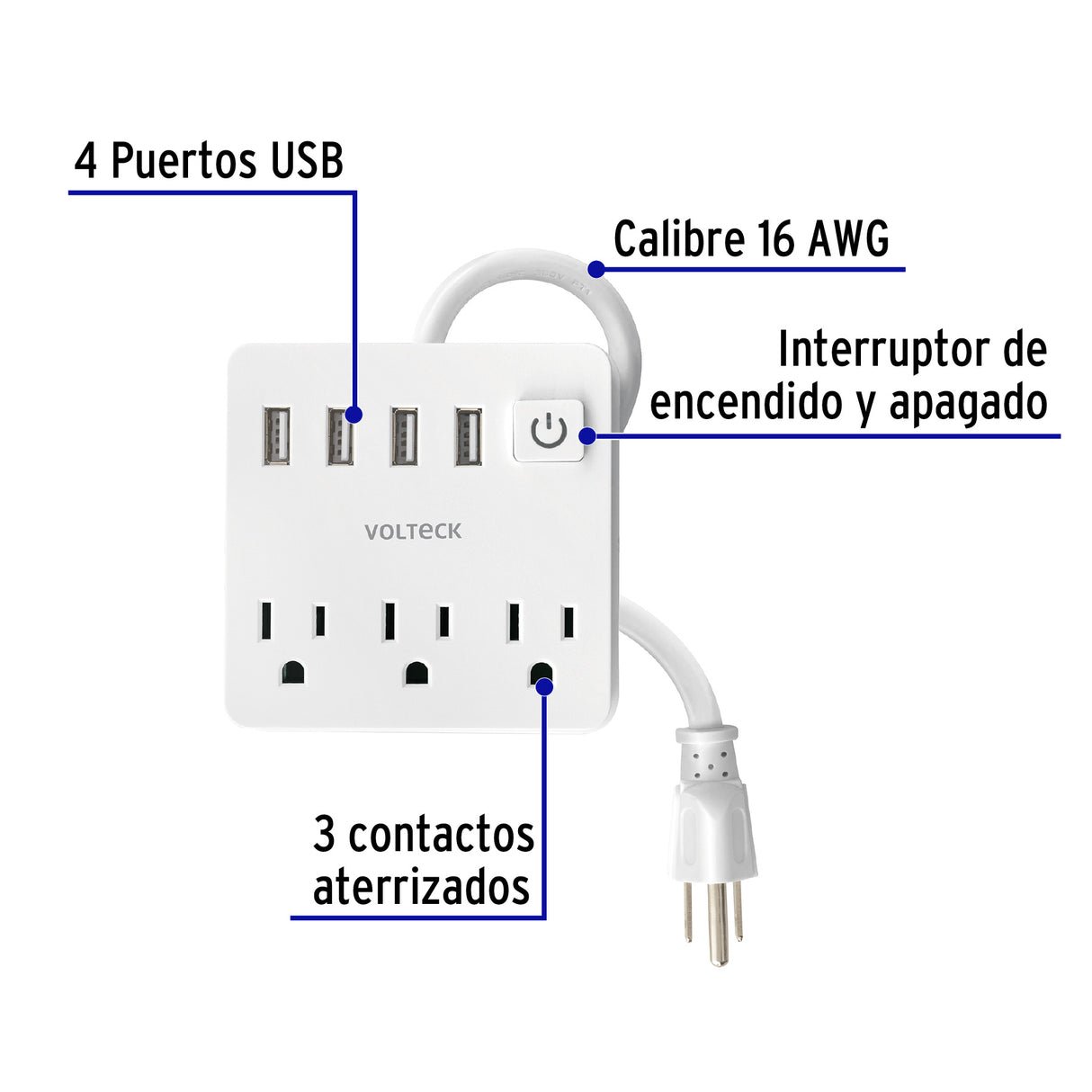 Multicontacto 16 AWG Doméstico 3 Entradas 4 Ptos USB, Blanco