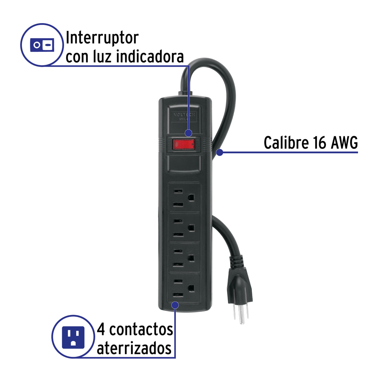 Multicontacto Doméstico con 4 Entradas, Negro, Volteck