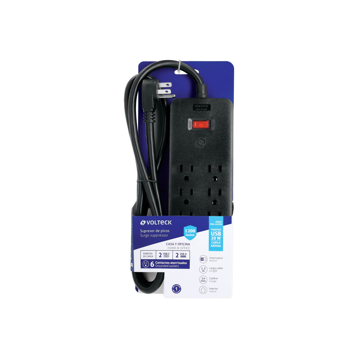 Multicontacto 6 Entradas, 2 USB a + 2 USB C, Negro, Volteck