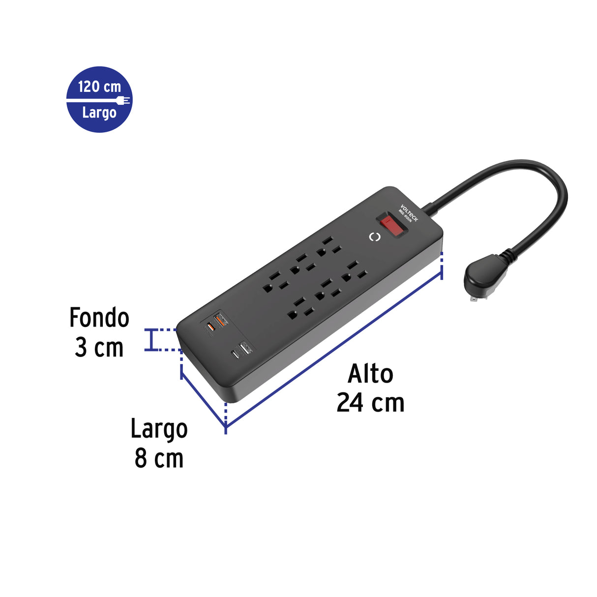 Multicontacto 6 Entradas, 2 USB a + 2 USB C, Negro, Volteck