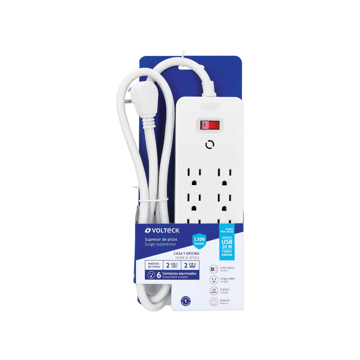 Multicontacto 6 Entradas, 2 USB a + 2 USB C, Blanco, Volteck