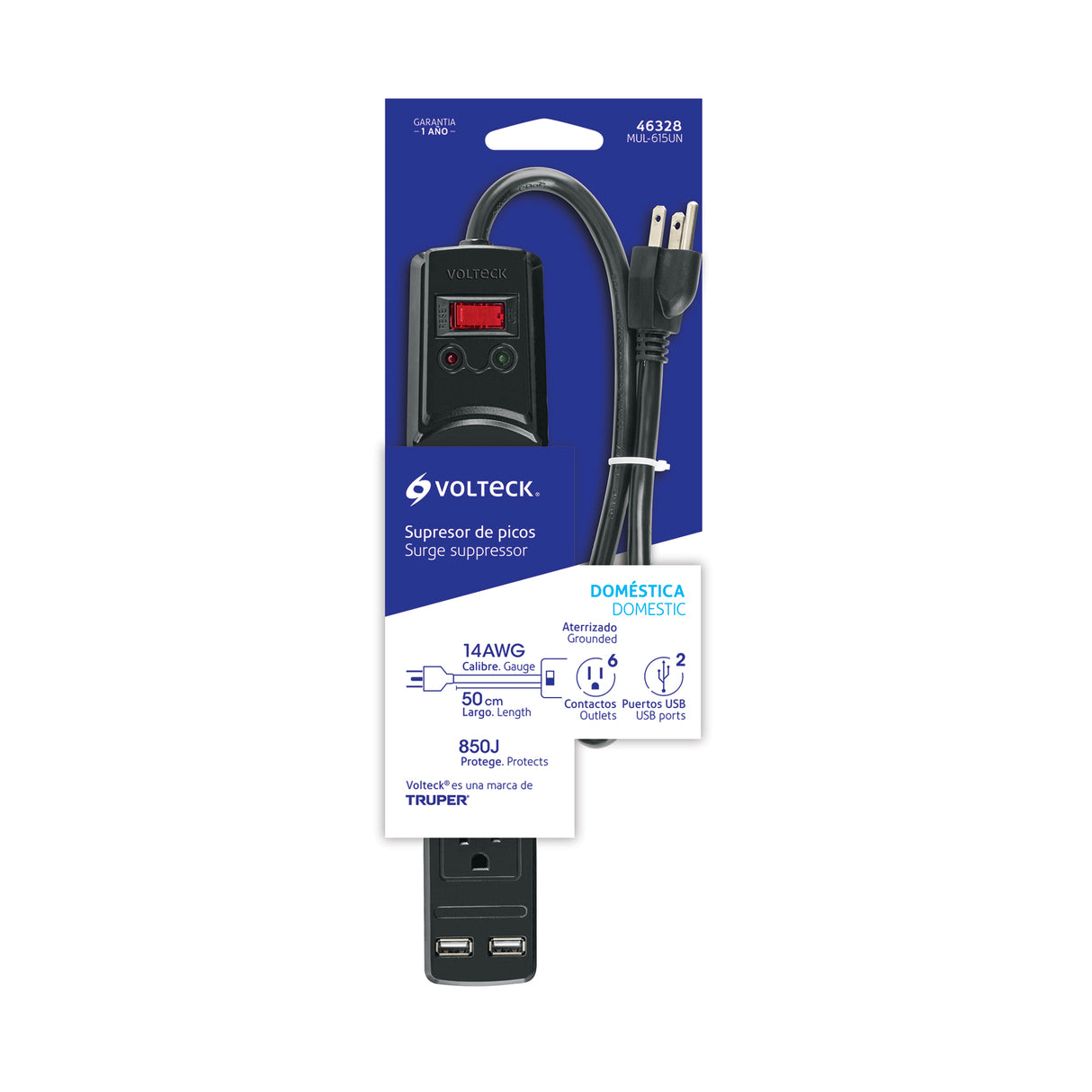 Multicontacto 14 AWG 6 Entradas, 2 Puertos USB, 850 J, Negro