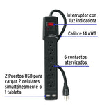 Multicontacto 14 AWG 6 Entradas, 2 Puertos USB, 850 J, Negro