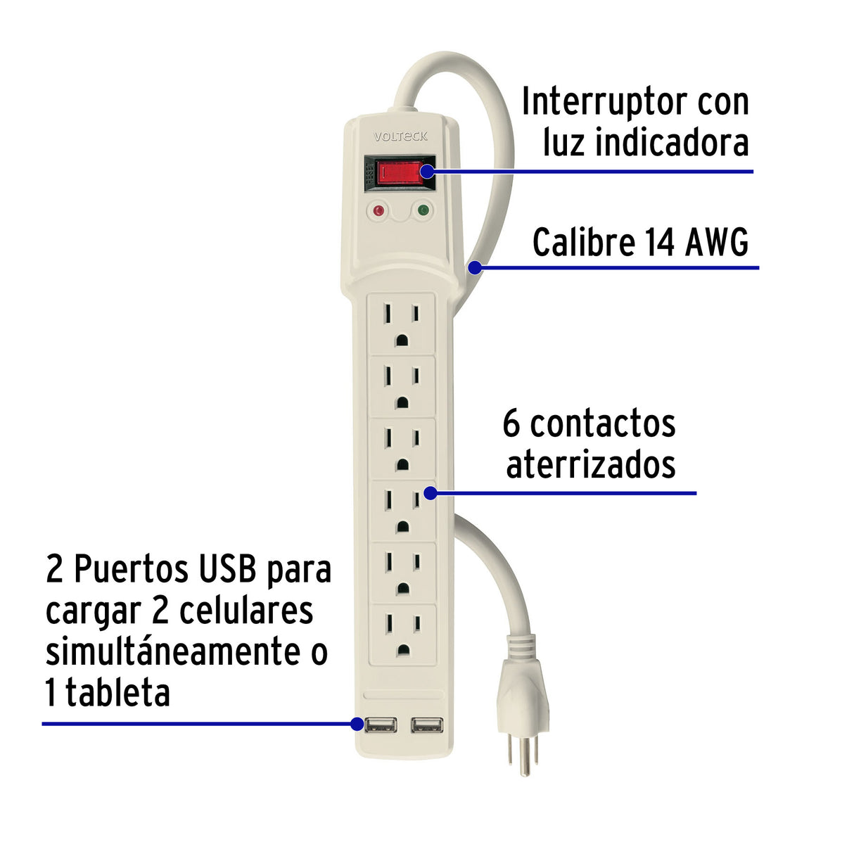 Multicontacto 14 AWG 6 Entradas, 2 Puertos USB, 850 J Marfil