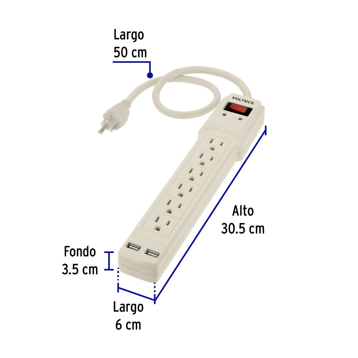 Multicontacto 14 AWG 6 Entradas, 2 Puertos USB, 850 J Marfil