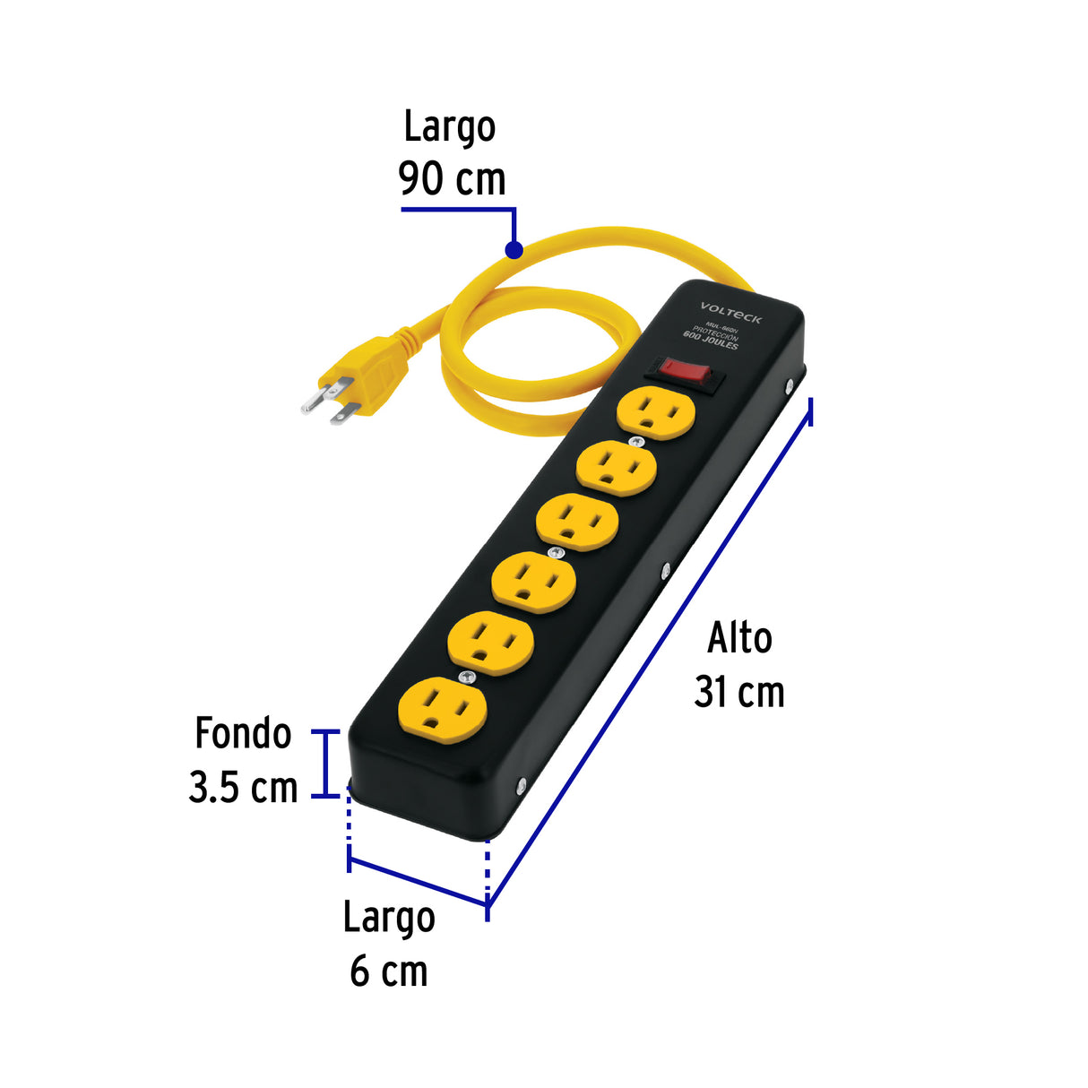 Multicontacto 14 AWG, 6 Entradas Sup. de Picos 600 J, Negro
