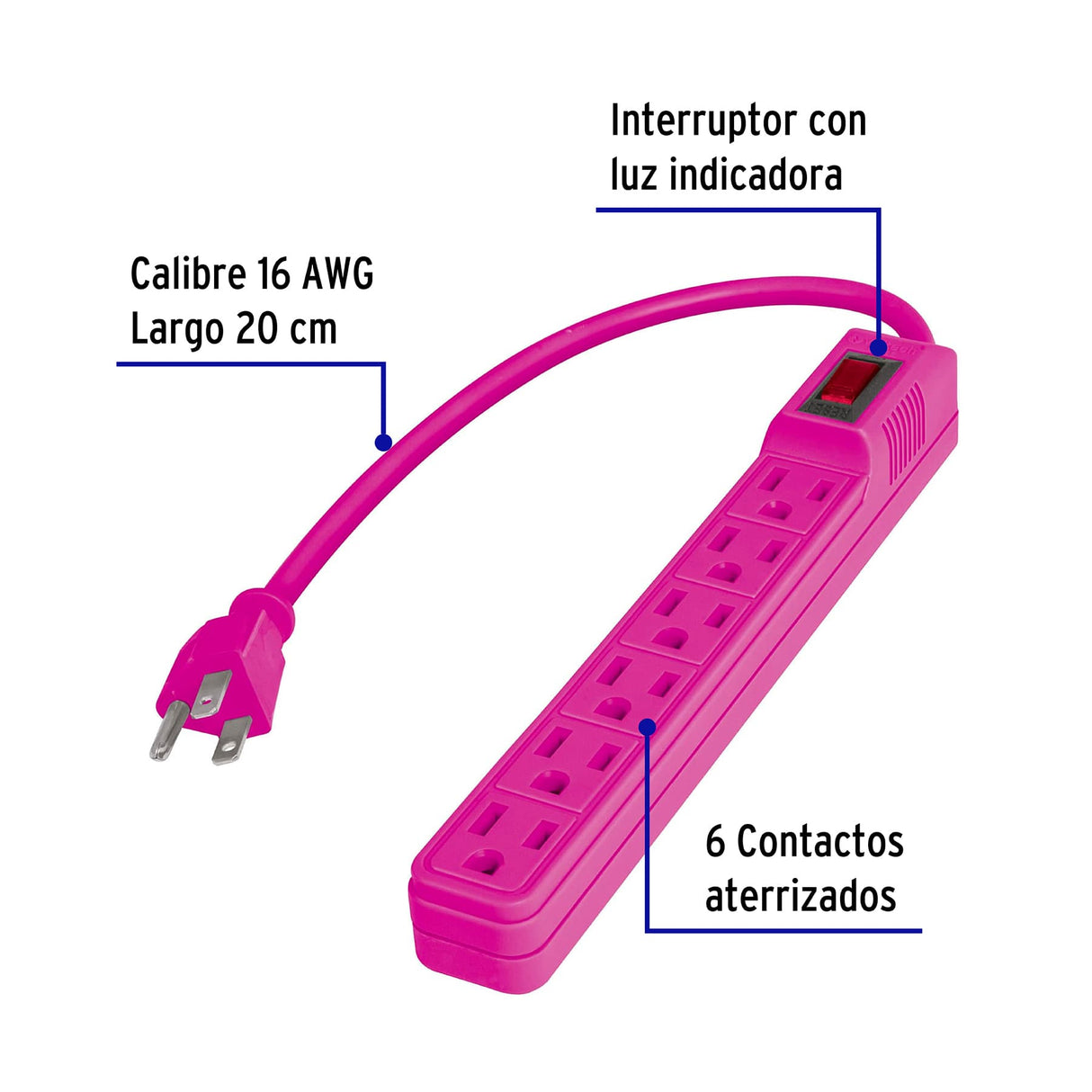 Multicontacto 16 AWG Doméstico 6 Entradas, Colores a Granel