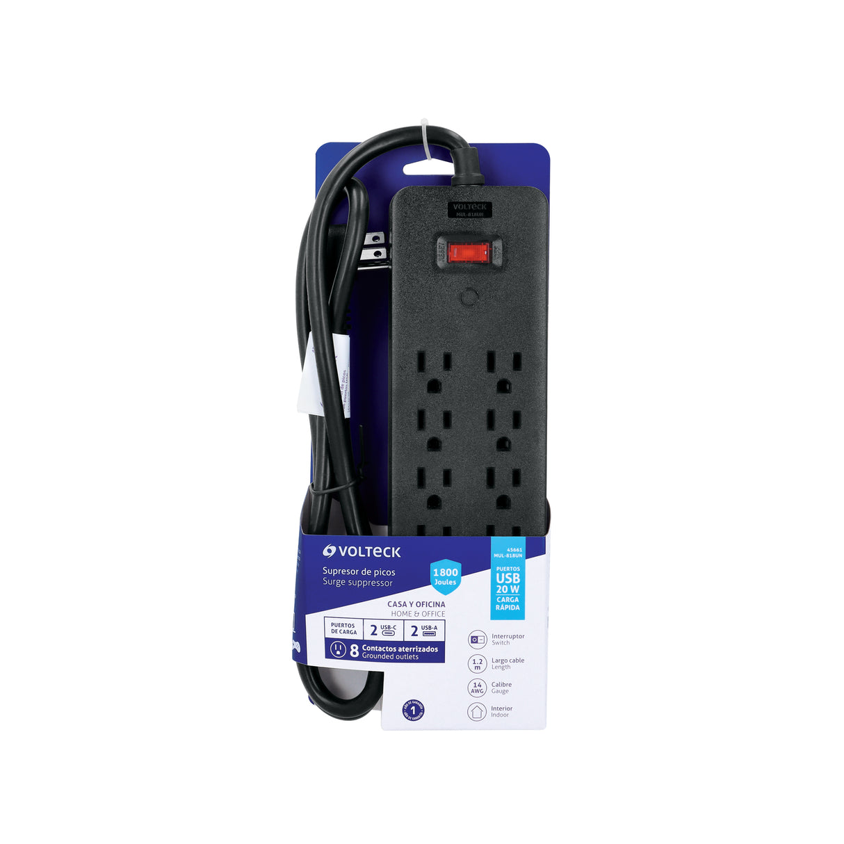 Multicontacto 8 Entradas, 2 USB a + 2 USB C, Negro, Volteck