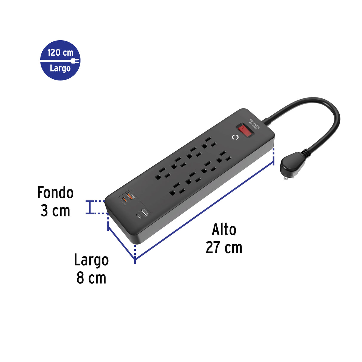 Multicontacto 8 Entradas, 2 USB a + 2 USB C, Negro, Volteck