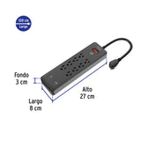 Multicontacto 8 Entradas, 2 USB a + 2 USB C, Negro, Volteck