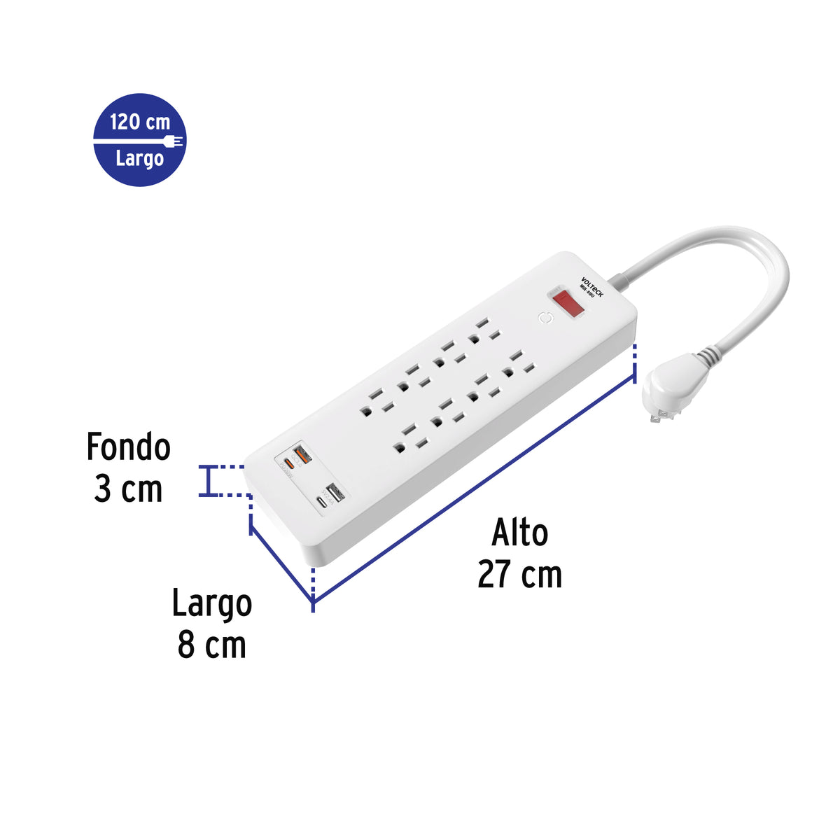 Multicontacto 8 Entradas, 2 USB a + 2 USB C, Blanco, Volteck