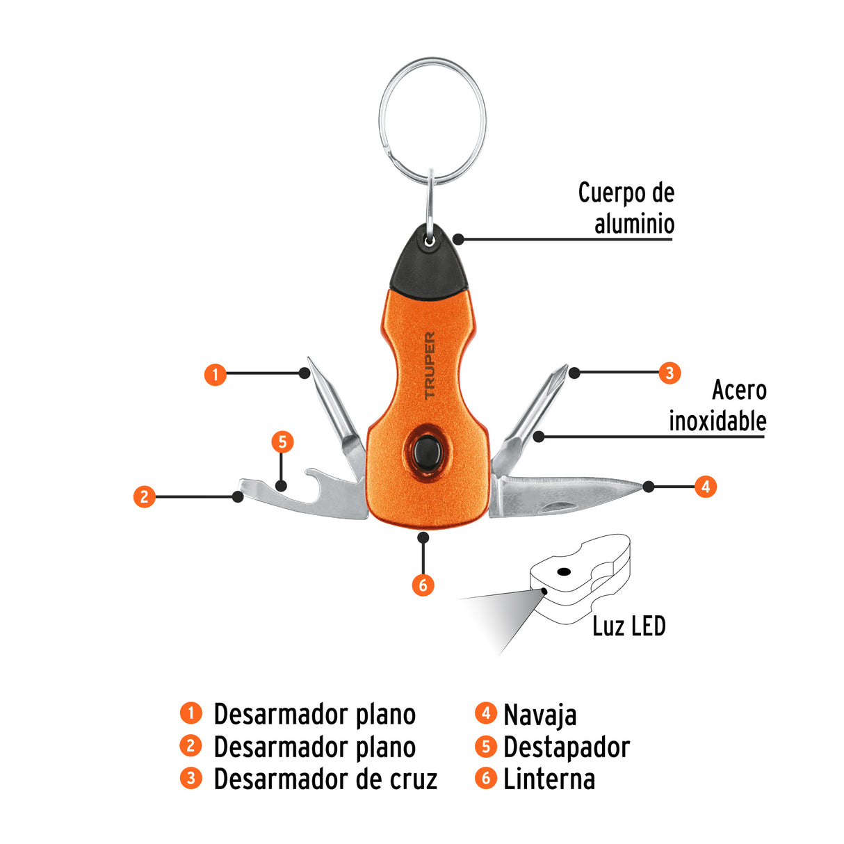 Multiherramienta 6 Funciones, con LED, Tipo Llavero, Truper