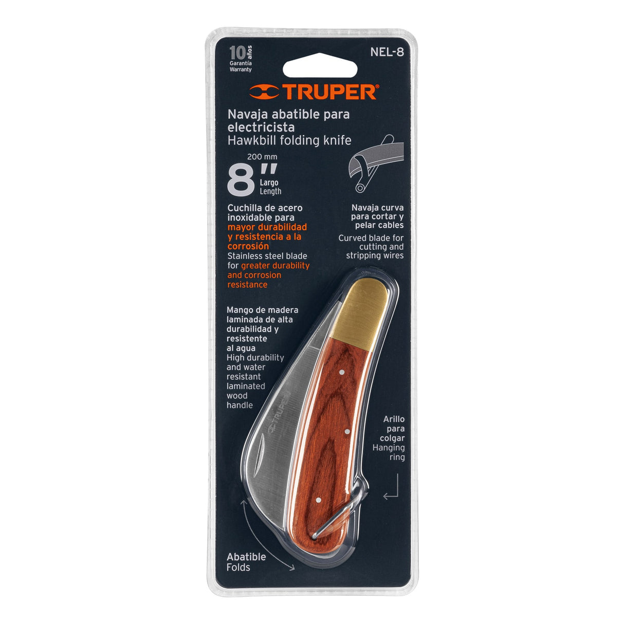 Cuchillo Abatible 8' para Electricista Mango Madera, Truper