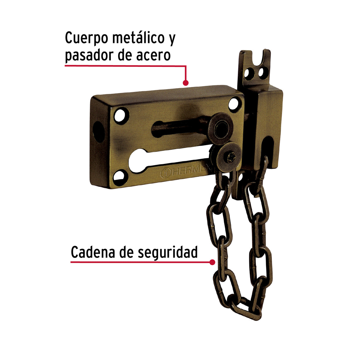 Pasador con Cadena para Puerta, Acabado Latón Antiguo