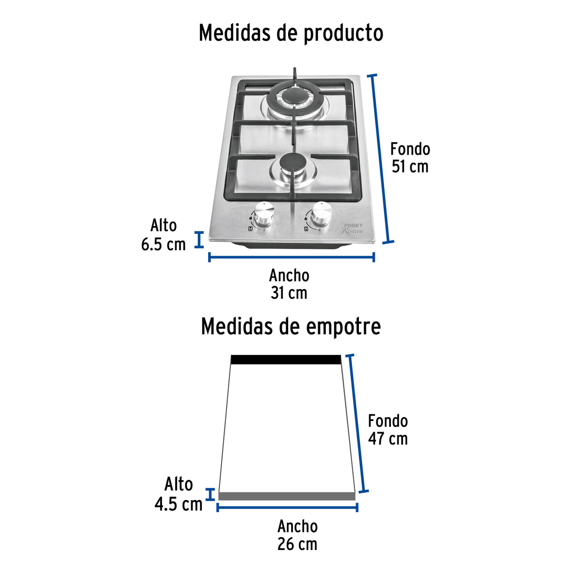 Parrilla Gas Empotrable 30 cm, 2 Quem, Acero Inox, Riviera