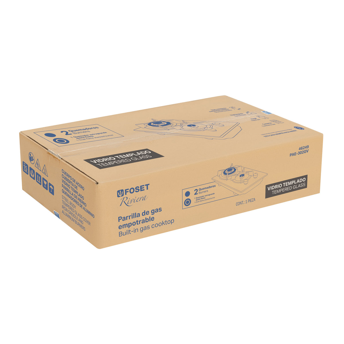 Parrilla Gas Empotrable 30 cm, 2 Quem, Vidrio Negro, Riviera