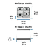 Parrilla Gas Empotrable 60 cm, 4 Quemadores, Esmalte, Foset