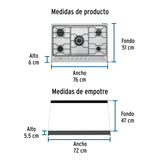 Parrilla Gas Empotrable 75 cm, 5 Quemadores, Esmalte, Foset